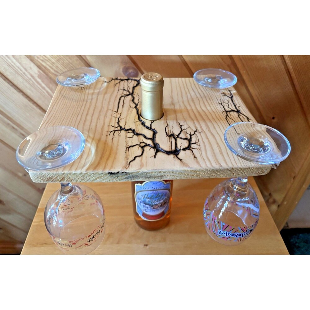 Lichtenberg Electrified Wood Wine 4 Glass Caddy Holder Rack Caddie Hand Crafted